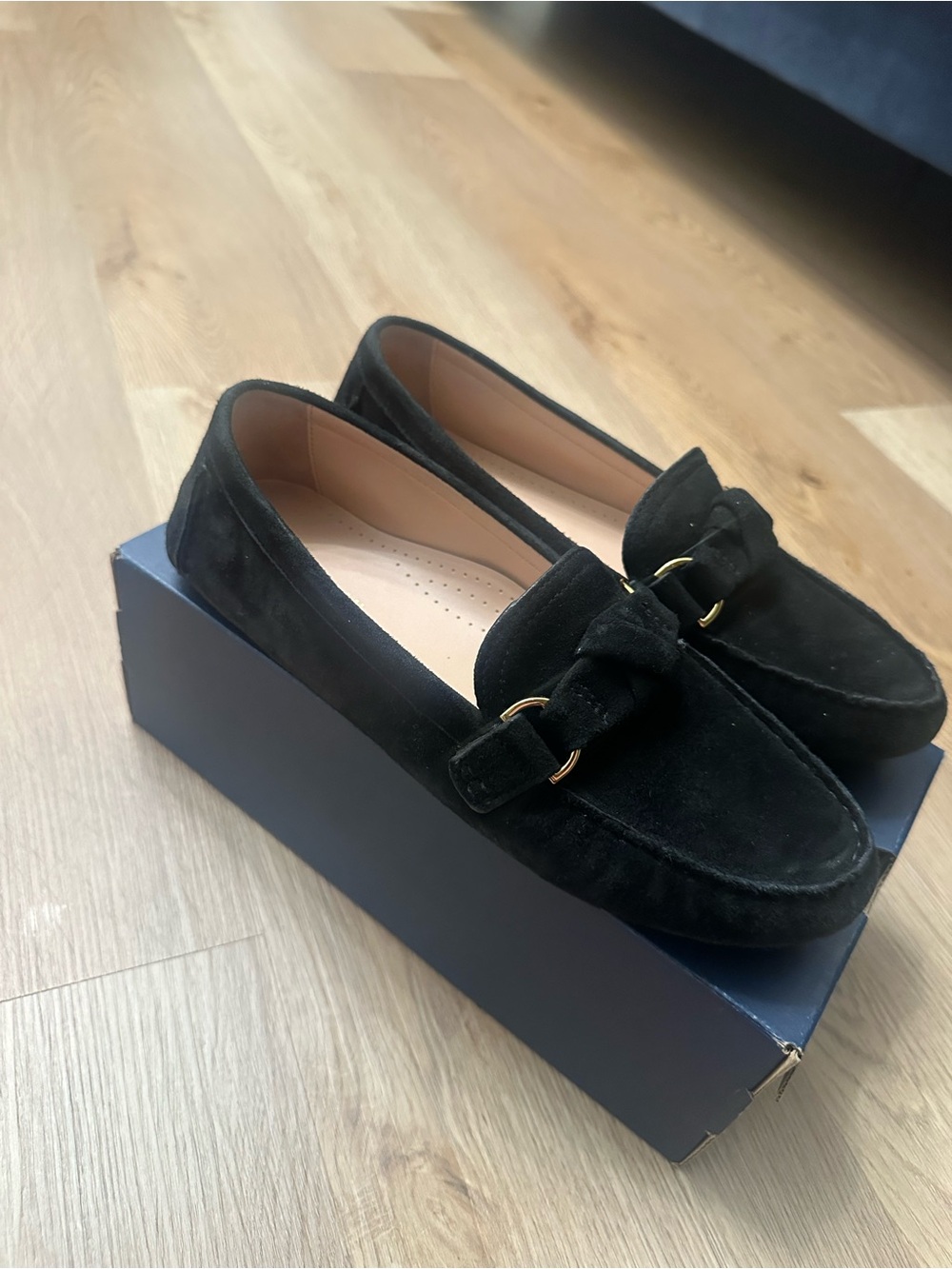 Cole Haan Black Suede Loafers with Gold Buckle Accent